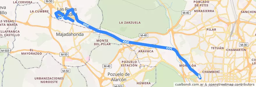 Mapa del recorrido Bus 624: Madrid (Moncloa) → Col.Veracruz → Las Rozas de la línea  en Área metropolitana de Madrid y Corredor del Henares.