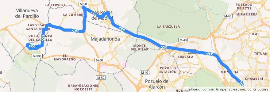 Mapa del recorrido Bus 623: Madrid (Moncloa) → Las Rozas → Urb.Villafranca de la línea  en Área metropolitana de Madrid y Corredor del Henares.