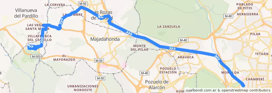 Mapa del recorrido Bus 623: Urb.Villafranca → Las Rozas → Madrid (Moncloa) de la línea  en Área metropolitana de Madrid y Corredor del Henares.
