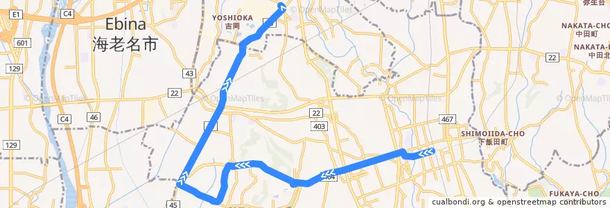 Mapa del recorrido 湘19 綾瀬車庫行 慶応大学・宮原経由 de la línea  en Fujisawa.