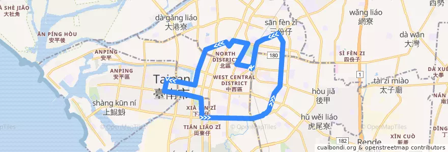 Mapa del recorrido 0右路(正線) de la línea  en 台南市.