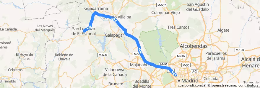 Mapa del recorrido Bus 664: Madrid (Moncloa) → Guadarrama → San Lorenzo de El Escorial de la línea  en منطقة مدريد.
