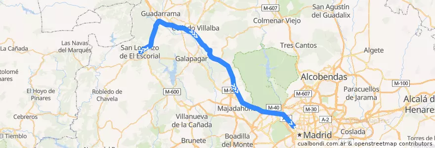 Mapa del recorrido Bus 664: San Lorenzo de El Escorial → Guadarrama → Madrid de la línea  en بخش خودمختار مادرید.