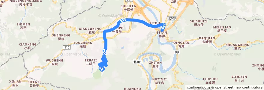 Mapa del recorrido 新北市 839 達觀社區-捷運新店站 (往程) de la línea  en Xindian District.
