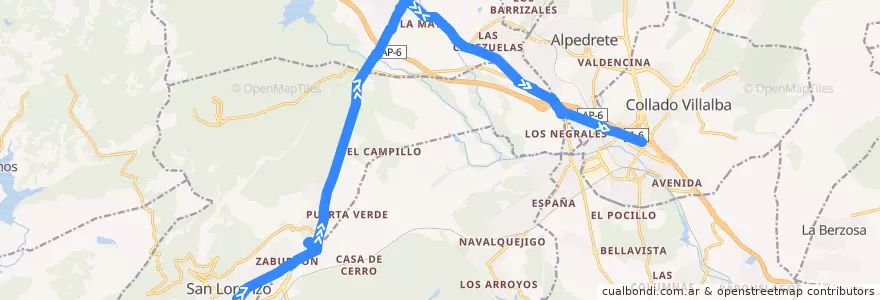 Mapa del recorrido Bus 660: San Lorenzo de El Escorial → Guadarrama → Villalba de la línea  en Cuenca del Guadarrama.