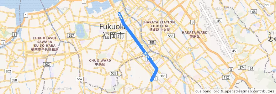 Mapa del recorrido 西鉄バス急行151番系統 de la línea  en 福岡市.
