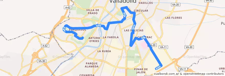 Mapa del recorrido Bus 9: Pol. San Cristóbal => Parquesol de la línea  en Valladolid.