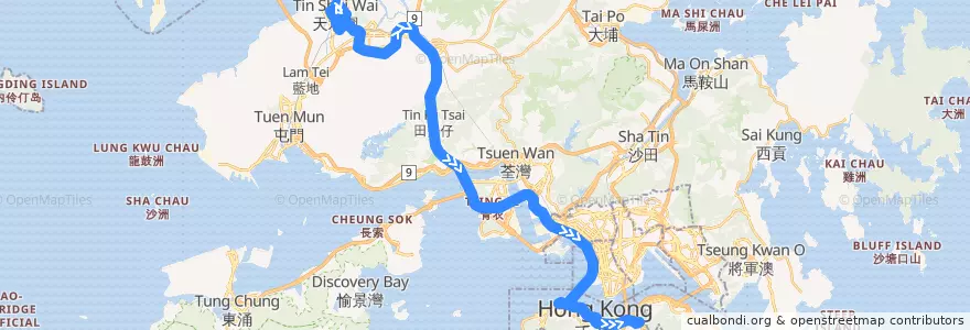 Mapa del recorrido 過海隧巴969線 Cross-harbour Bus 969 (天水圍市中心 Tin Shui Wai Town Centre → 銅鑼灣 Causeway Bay) de la línea  en Nuevos Territorios.
