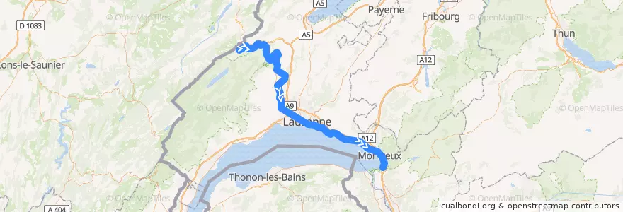 Mapa del recorrido S2: Vallorbe => Villeneuve de la línea  en Vaud.