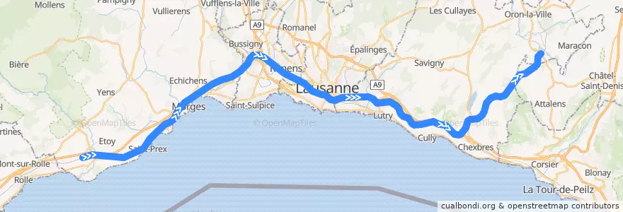 Mapa del recorrido S4: Allaman => Palézieux de la línea  en Vaud.