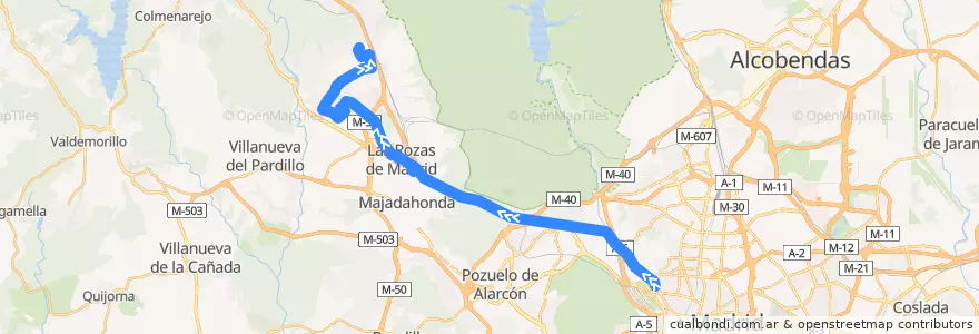 Mapa del recorrido Bus 625: Madrid (Moncloa) → Monte Rozas de la línea  en Área metropolitana de Madrid y Corredor del Henares.