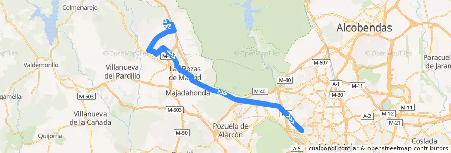Mapa del recorrido Bus 625: Monte Rozas → Madrid (Moncloa) de la línea  en Área metropolitana de Madrid y Corredor del Henares.