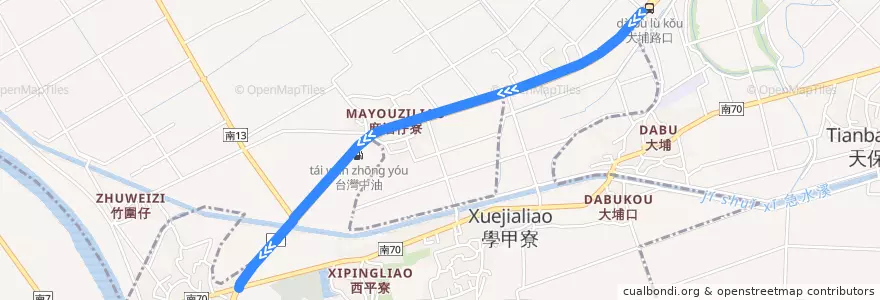 Mapa del recorrido 棕幹線(往程繞駛麻油寮) de la línea  en Xuejia District.