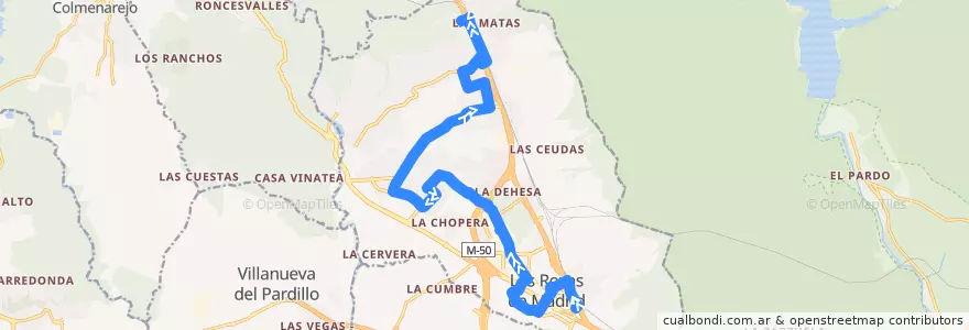 Mapa del recorrido Bus 625A: Las Rozas → Monte Rozas → El Encinar de la línea  en Las Rozas de Madrid.