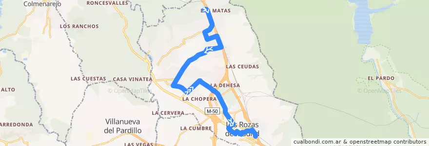 Mapa del recorrido Bus 625A: El Encinar → Monte Rozas → Las Rozas de la línea  en Las Rozas de Madrid.