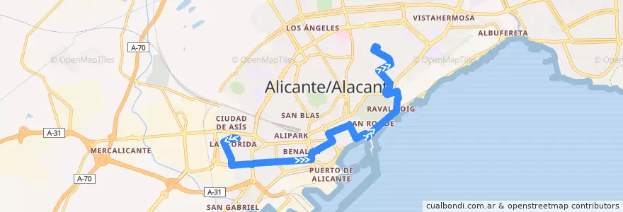 Mapa del recorrido 02: La Florida ⇒ Sagrada Familia de la línea  en Alacant / Alicante.