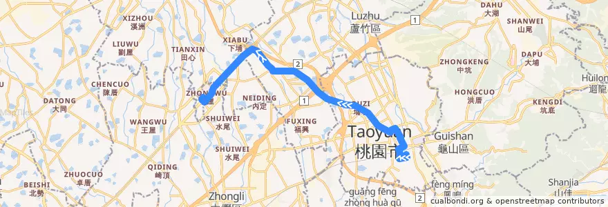 Mapa del recorrido 桃園公車 206 桃園-桃園高鐵站 (往程) de la línea  en Taoyuan.