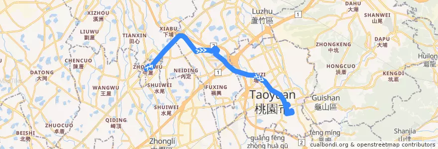 Mapa del recorrido 桃園公車 206 桃園-桃園高鐵站 (返程) de la línea  en Taoyuan.