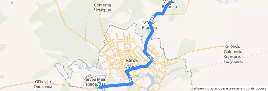 Mapa del recorrido Автобус 7: посёлок Первое Мая — площадь Ленина — деревня Вьюнка de la línea  en Klintsovsky District.