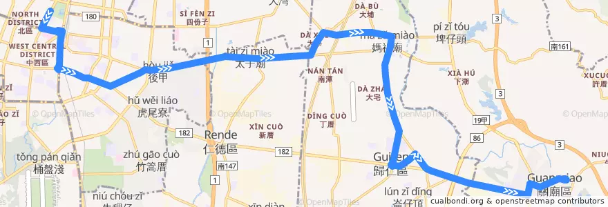 Mapa del recorrido 紅1(往關廟_往程) de la línea  en 台南市.