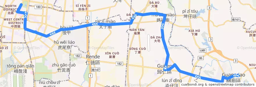 Mapa del recorrido 紅1(往臺南公園_返程) de la línea  en تاينان.