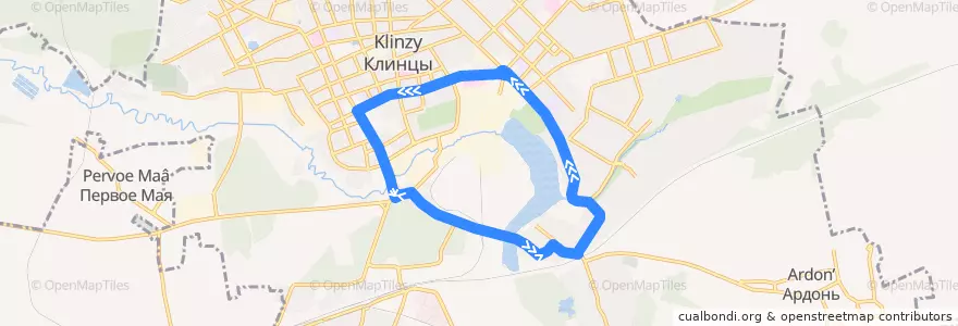Mapa del recorrido Автобус 1: площадь Ленина — Железнодорожный переезд — площадь Ленина de la línea  en городской округ Клинцы.