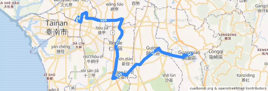 Mapa del recorrido 紅2(往關廟_往程) de la línea  en 台南市.