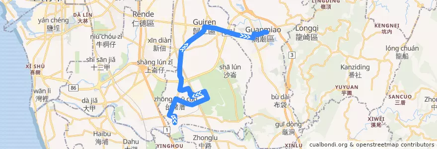 Mapa del recorrido 紅14(返程) de la línea  en 歸仁區.