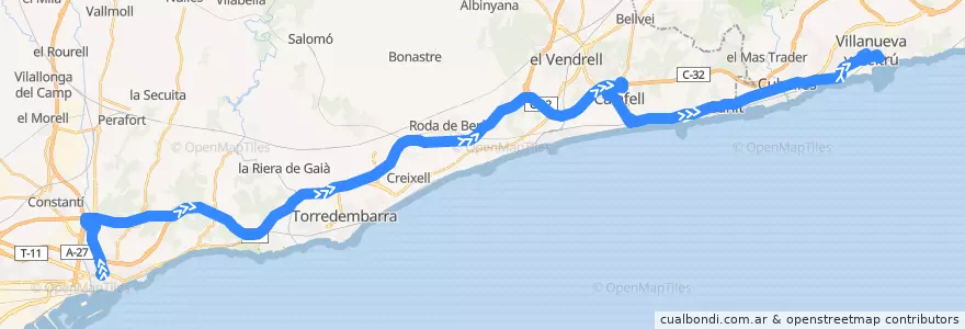 Mapa del recorrido Tarragona - Vilanova i la Geltrú de la línea  en Tarragona.