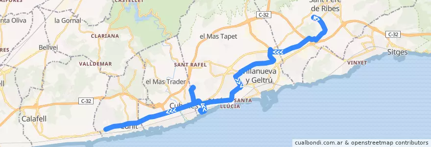 Mapa del recorrido H.els Camils-Vilanova i la Geltrú-CubellesCunit de la línea  en Garraf.