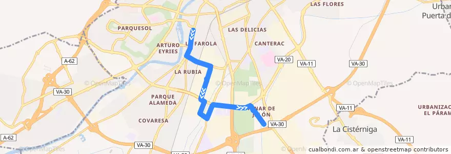 Mapa del recorrido Bus 16: Paseo Zorrilla 71 => Pinar de Jalón de la línea  en Valladolid.