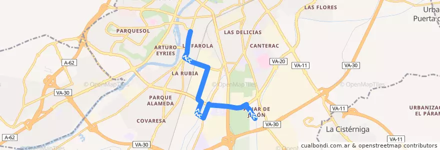 Mapa del recorrido Bus 16: Col. Pinar de Jalón => Paseo Zorrilla 71 de la línea  en Valladolid.