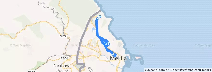 Mapa del recorrido Línea 5 (Vuelta) de la línea  en Melilla.