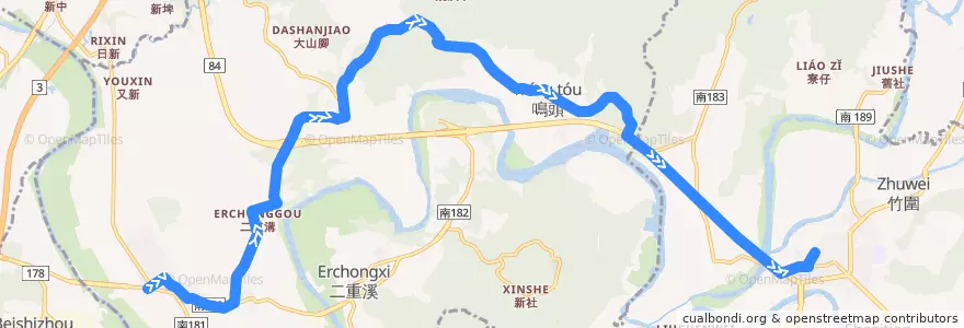 Mapa del recorrido 橘20(往玉井_往程) de la línea  en Tainan.