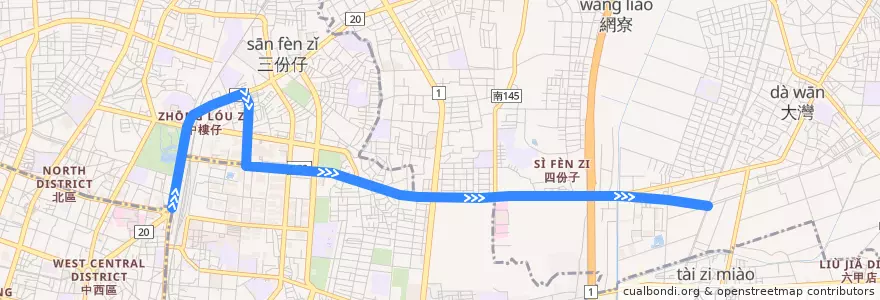 Mapa del recorrido 2路(往崑山科大_往程) de la línea  en Tainan.