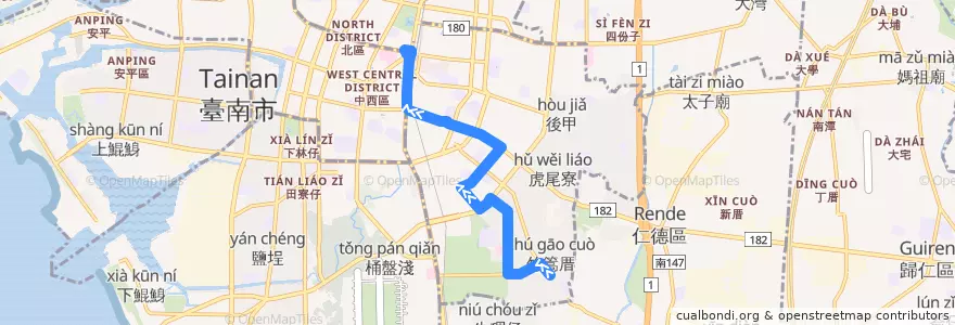Mapa del recorrido 3路(往竹篙厝_返程) de la línea  en 타이난 시.