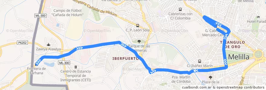Mapa del recorrido Línea 7 (Vuelta) de la línea  en Melilla.