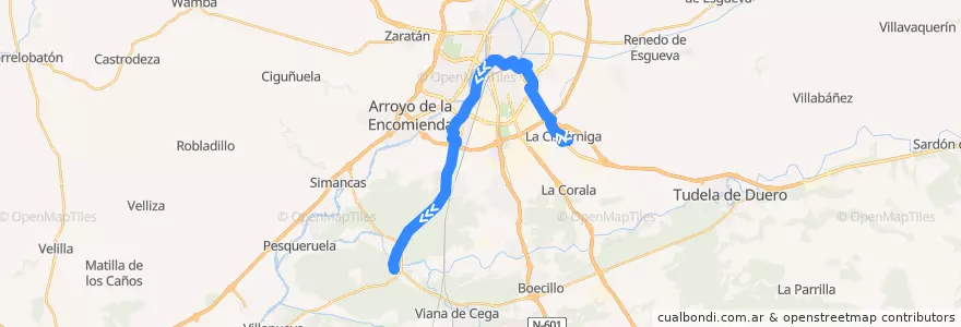 Mapa del recorrido Bus 18: La Cistérniga => Puente Duero de la línea  en Valladolid.