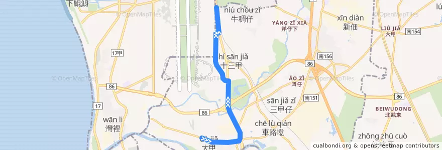 Mapa del recorrido 5路(往大甲里_返程) de la línea  en 仁德區.