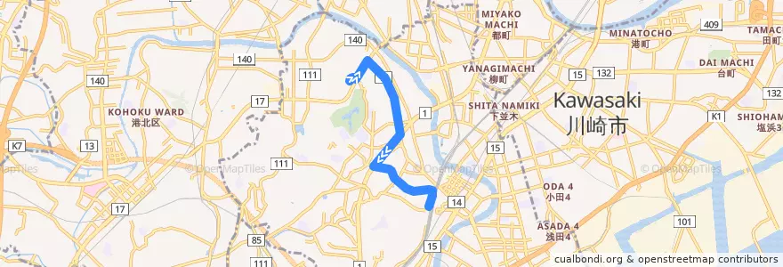 Mapa del recorrido 67系統 梶山→鶴見駅西口 de la línea  en 鶴見区.