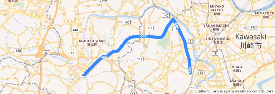 Mapa del recorrido 104系統 鶴見駅入口→新横浜駅前 de la línea  en Yokohama.