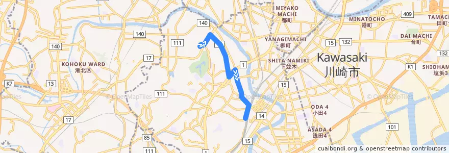 Mapa del recorrido 14系統 梶山→鶴見駅西口 de la línea  en 鶴見区.