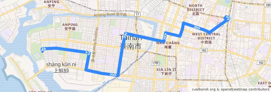Mapa del recorrido 14路(正線_返程) de la línea  en Тайнань.
