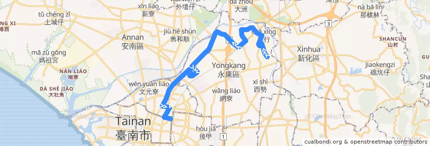 Mapa del recorrido 21路(正線_返程) de la línea  en Yongkang.