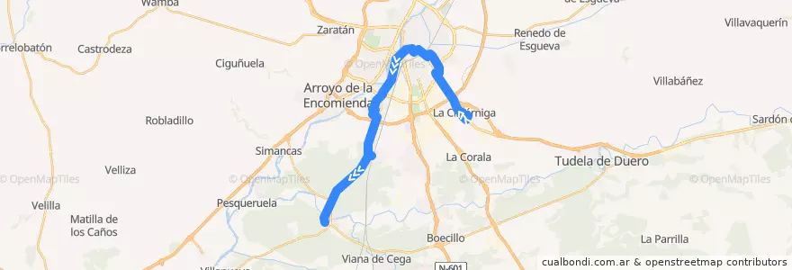 Mapa del recorrido Bus 18: Puente Duero => La Cistérniga de la línea  en Valladolid.