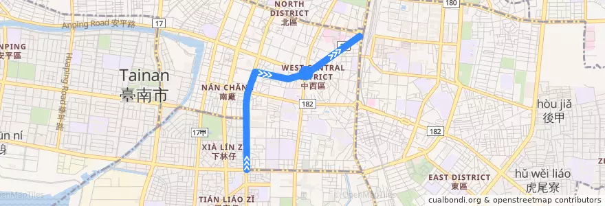 Mapa del recorrido 紅2(延駛台南站_往程) de la línea  en 中西區.