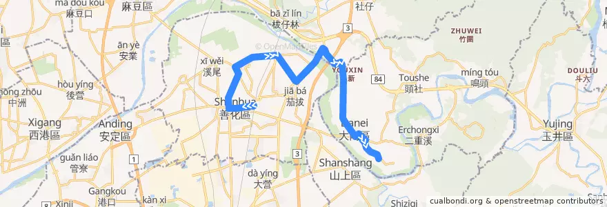 Mapa del recorrido 橘1(往程) de la línea  en 臺南市.