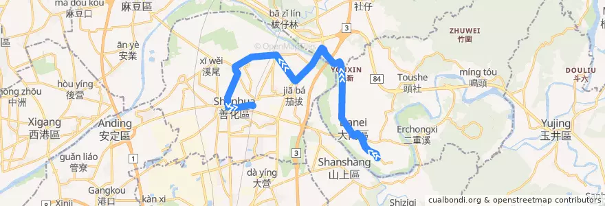 Mapa del recorrido 橘1(返程) de la línea  en 臺南市.