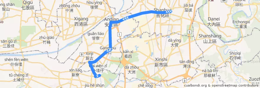 Mapa del recorrido 橘3(正線_往程) de la línea  en Тайнань.