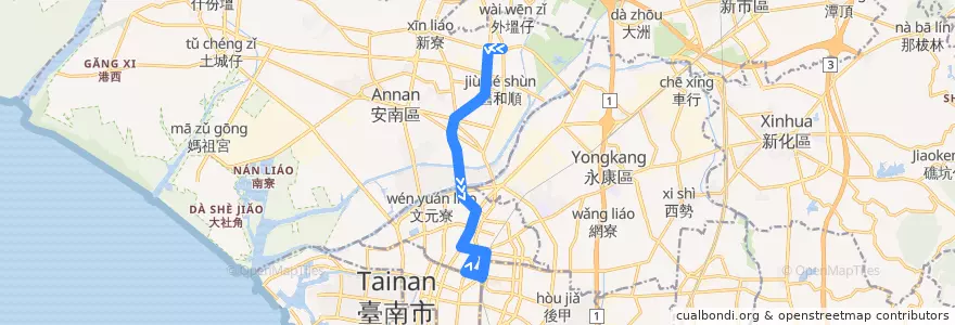 Mapa del recorrido 橘3(延駛台南公園_往程) de la línea  en Tainan.